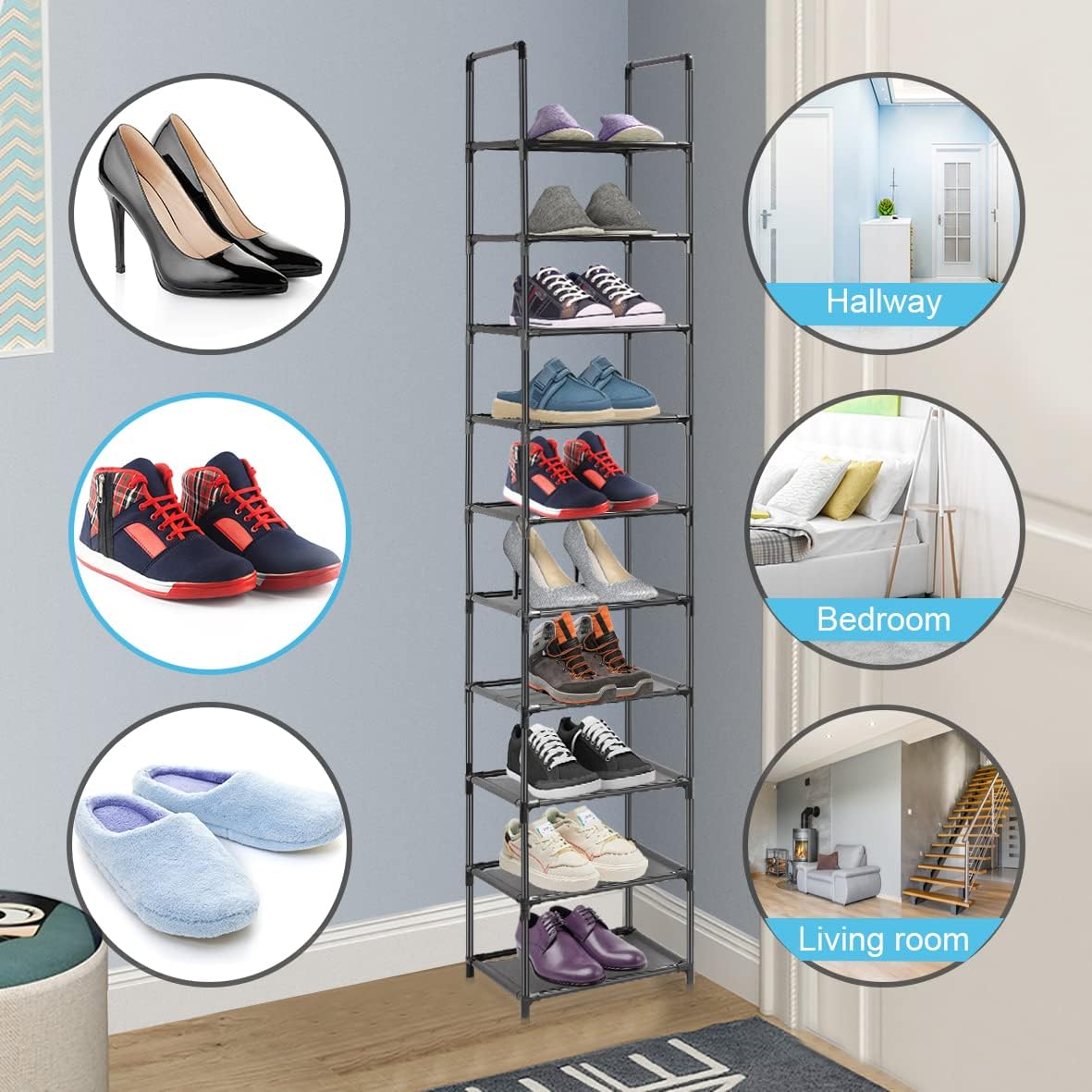 10 Tiers Narrow Tall Shoe Rack Black Y272465