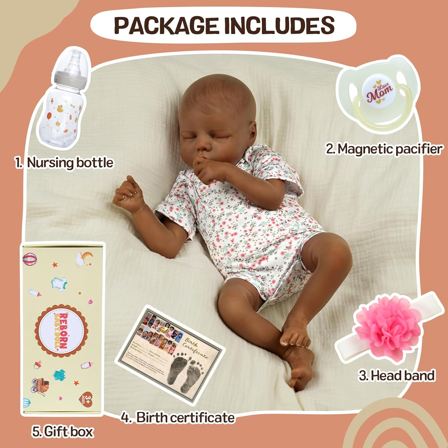 17-Inch Black Reborn Baby Dolls with Feeding Kit D168