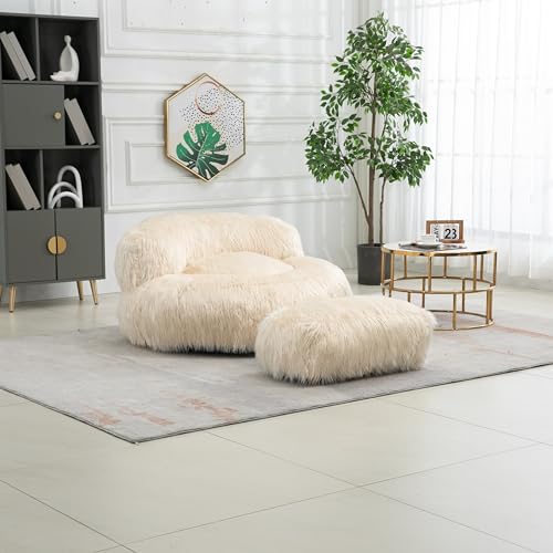 Wine Red Fluffy Faux Fur Oversized Bean Bag Chair with Ottoman H657