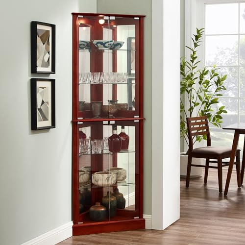 72" Tall Corner Cabinet with LED Light, Glass Doors, Adjustable Shelves, Mirrored Back Panel, Curved Wood P303839