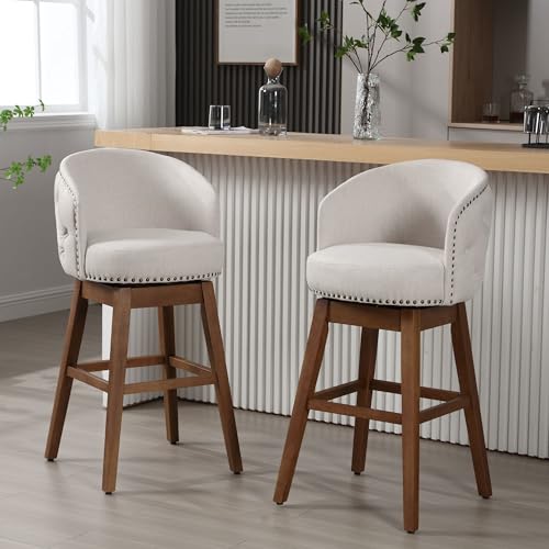 Swivel Bar Stool Set of 2, Grey, Linen, Wood Base H2336