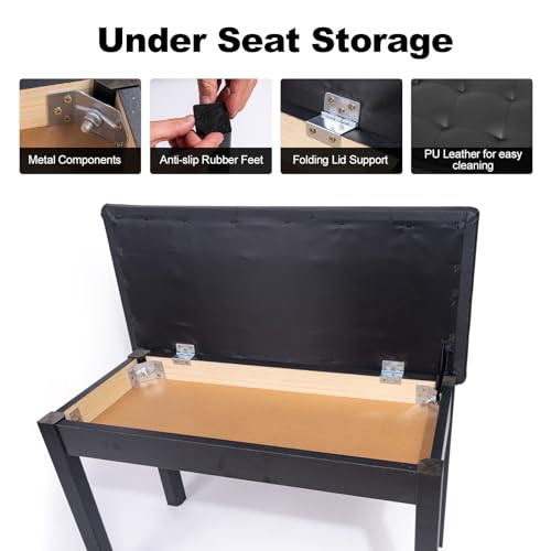 White Solid Wood Piano Bench with Padded Cushion and Storage B784