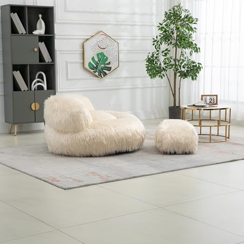 Wine Red Fluffy Faux Fur Oversized Bean Bag Chair with Ottoman H657