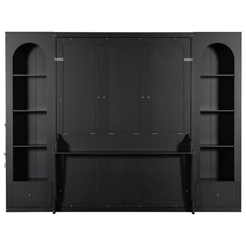 Queen Size Murphy Bed with Desk, 2 Sides Storage Cabinets, Shelf, Black Y529