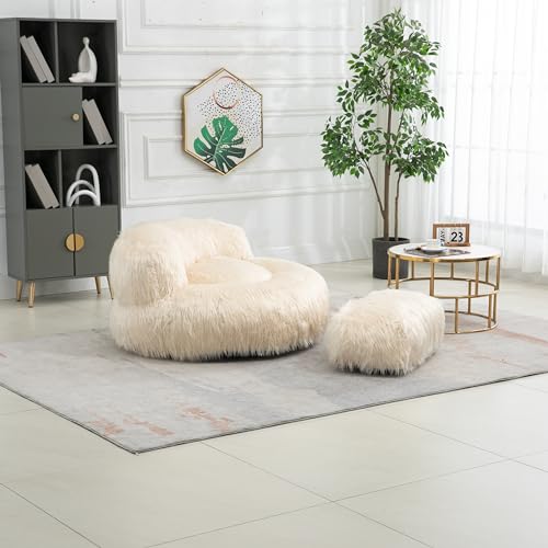 Wine Red Fluffy Faux Fur Oversized Bean Bag Chair with Ottoman H657