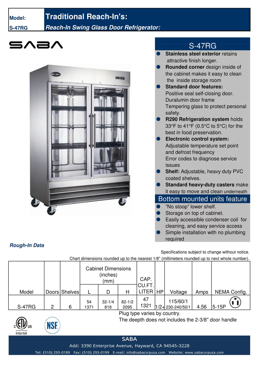 47 cu ft Stainless Steel Glass Door Reach-In Refrigerator S869