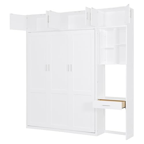 White Full Size Wall Murphy Bed with Built-in Desk & Shelves L502