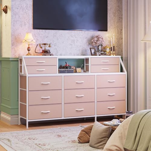55" W Rustic Brown Dresser with 13 Fabric Drawers and 2 Open Shelves Y393146