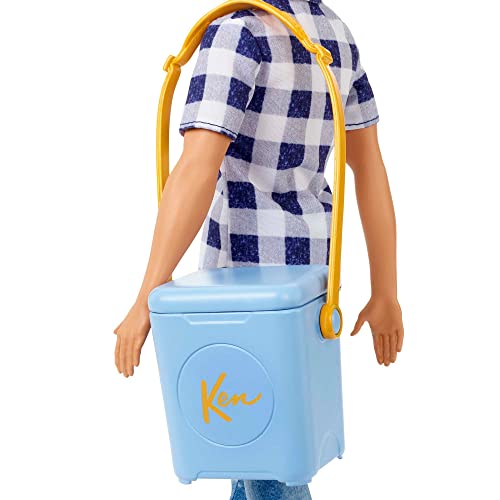 Camping Set with Blonde Ken Doll in Plaid Shirt & Accessories Including Cooler, Map M54320