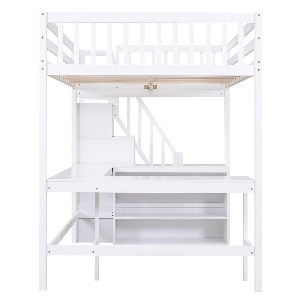 White Wood Full Size Loft Bed with Desk and Storage Staircase L769628