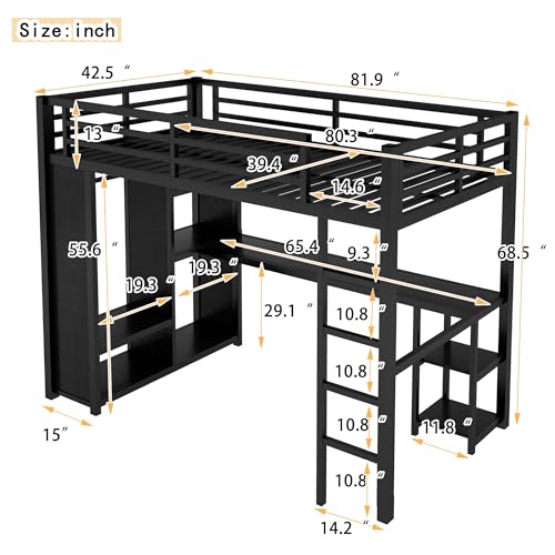 Black Full Size Metal Loft Bed with Wardrobe and L-Shaped Desk I308