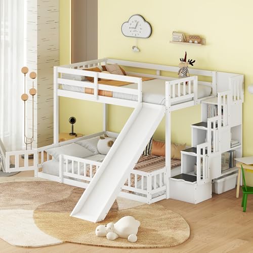 White Twin Over Full Size Pine Wooden Bunk Bed with Slide J22824