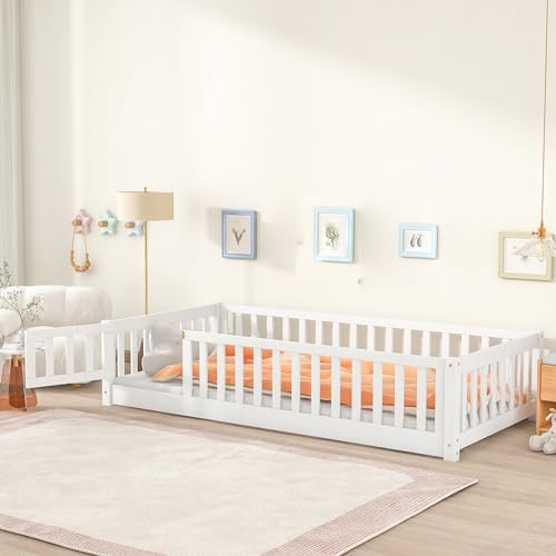 Gray Twin Size Wooden Floor Bed with Safety Guardrails and Slats Y4817