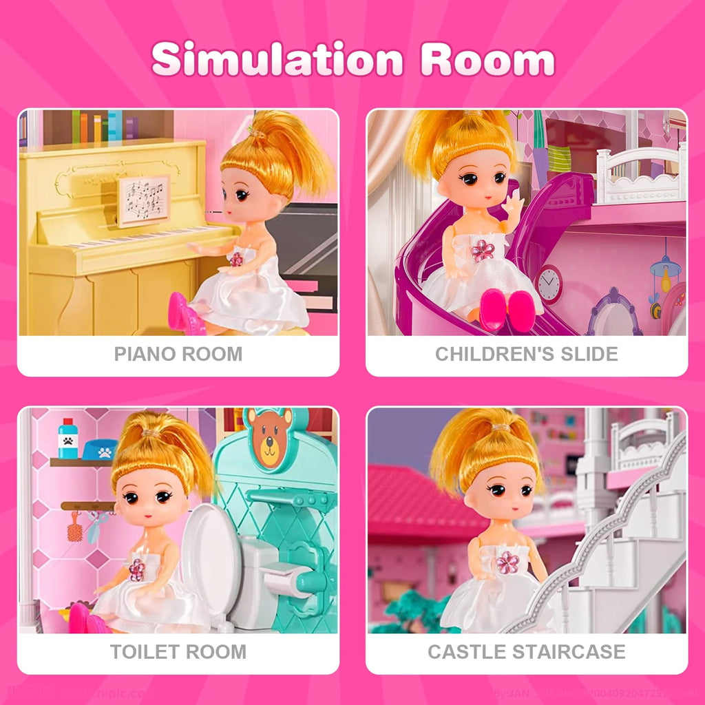 4-Story 12 Rooms Dollhouse with 2 Dolls T78118