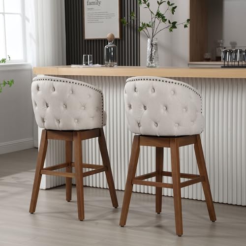 Swivel Bar Stool Set of 2, Grey, Linen, Wood Base H2336