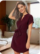 V-Neck Short Sleeve Summer Dress with Belt