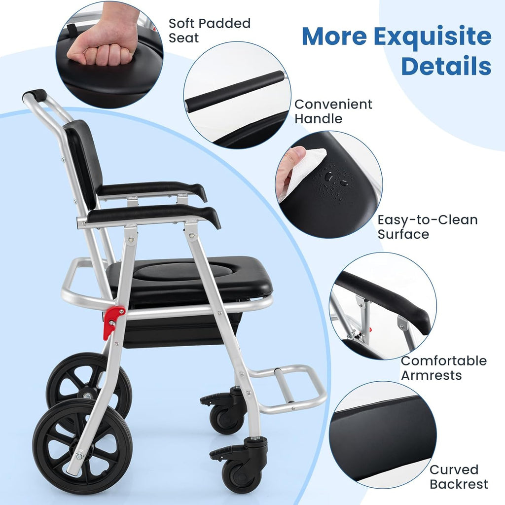 Foldable Shower Chair with Arms, Lockable Casters, Detachable Bucket T3459