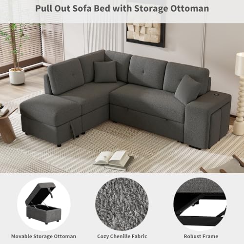 Cream Chenille L Shape Sleeper Sofa with Storage Ottoman and 2 Stools H391340