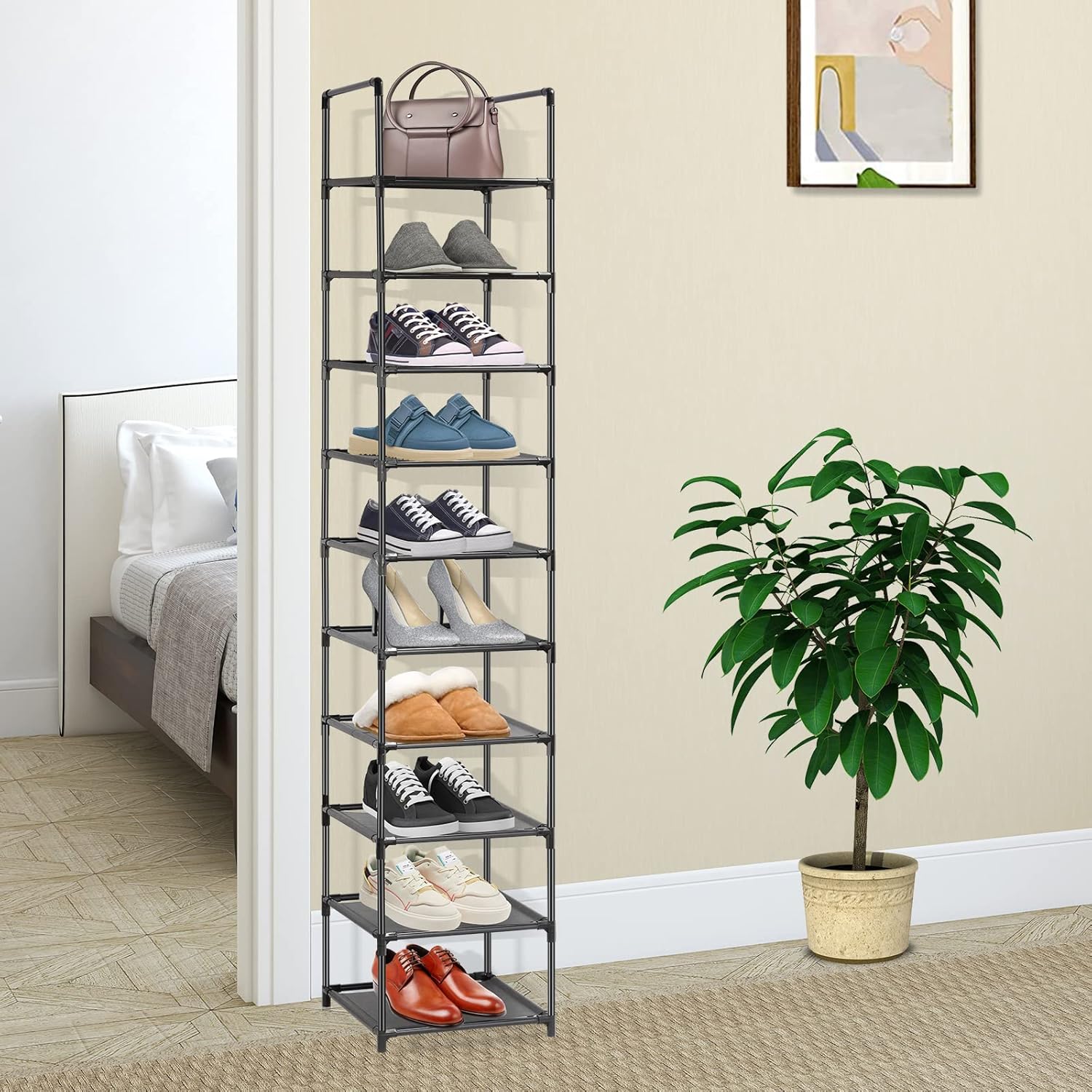 10 Tiers Narrow Tall Shoe Rack Black Y272465