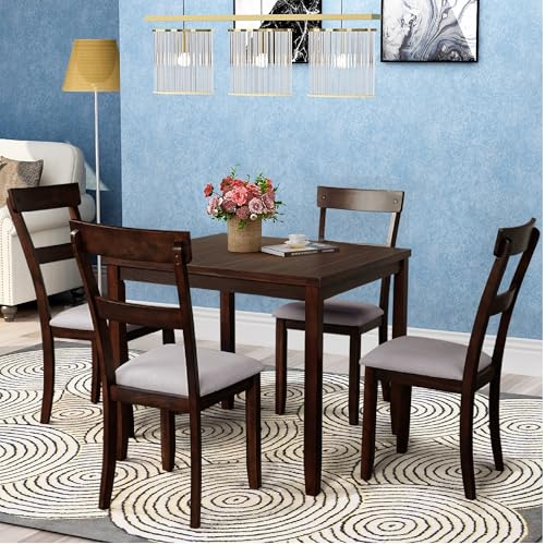 5-Piece Espresso Dining Table Set with Upholstered Chairs Z555