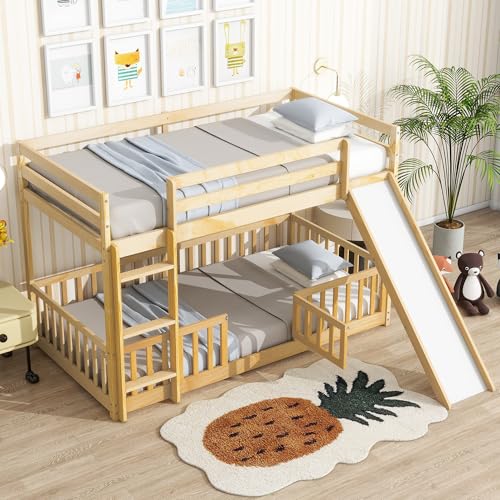 White Twin Over Full Size Pine Wooden Bunk Bed with Slide J22824