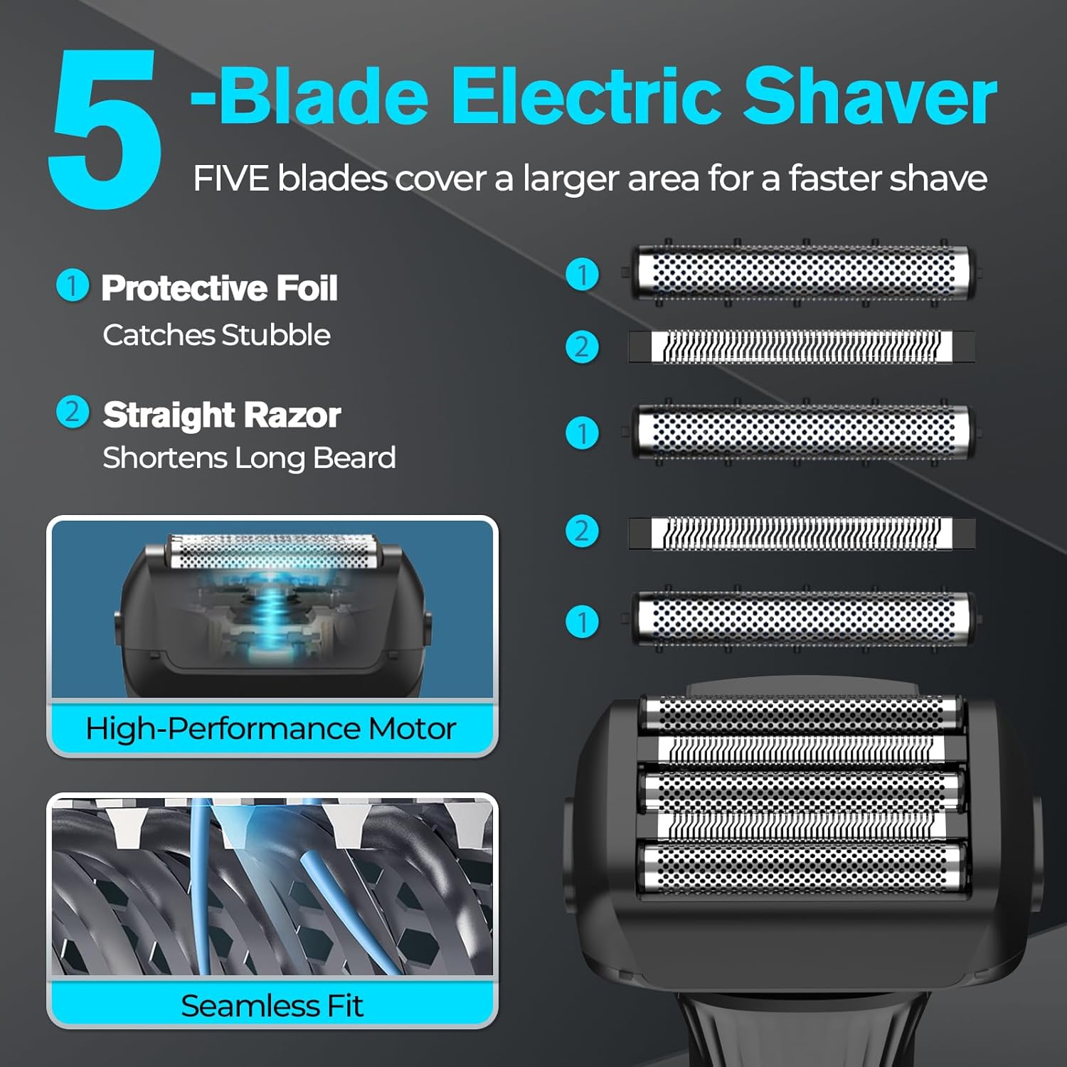Black 5-Blade Cordless Rechargeable Electric Razor D9783