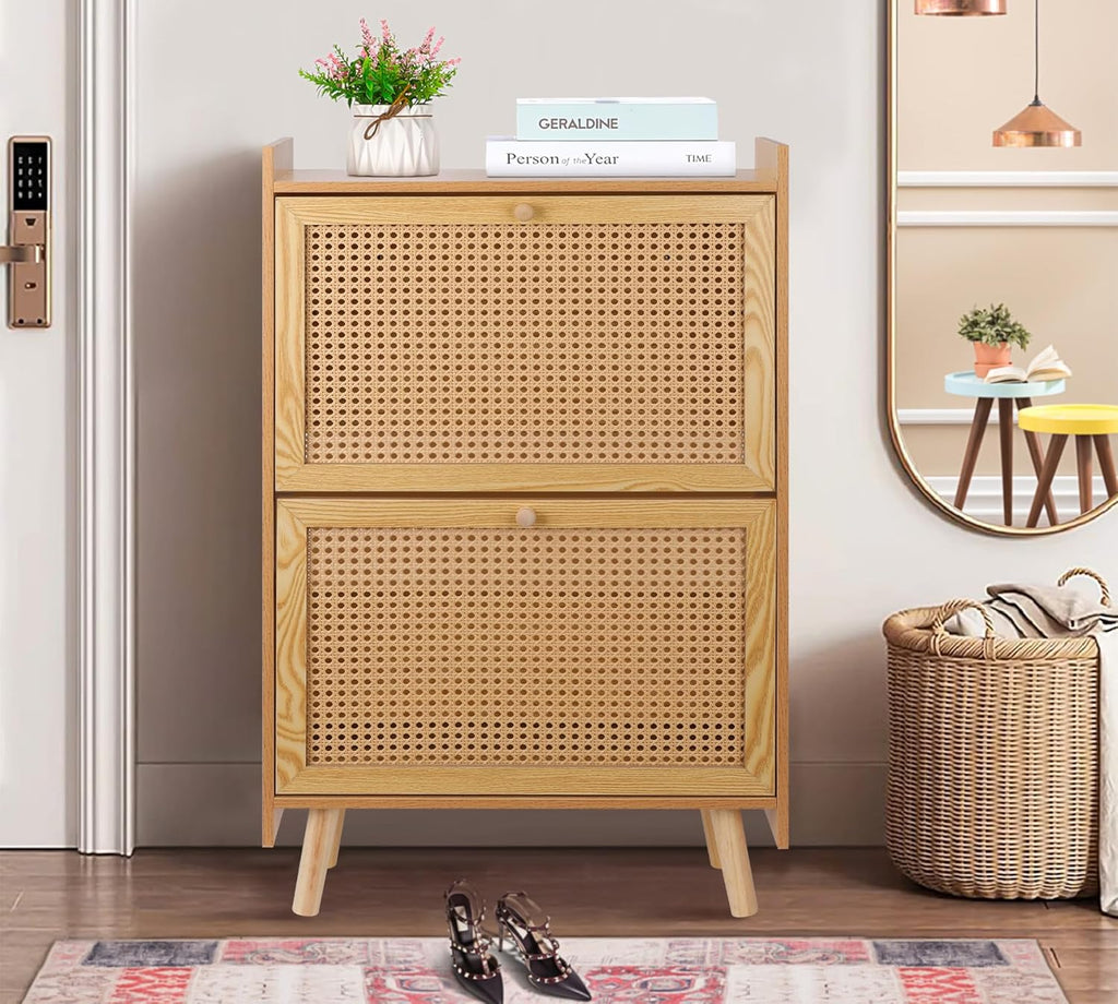 Brown Wooden Shoe Storage Cabinet with 2 Flip Drawers Rattan H1765