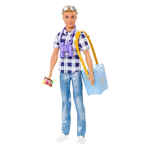 Camping Set with Blonde Ken Doll in Plaid Shirt & Accessories Including Cooler, Map M54320