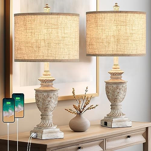 Set of 2 26" Rustic Resin Table Lamps with USB A/C Ports H22171