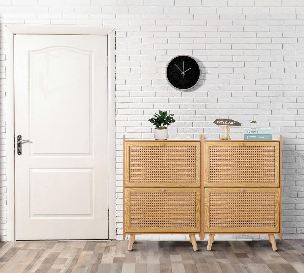 Brown Wooden Shoe Storage Cabinet with 2 Flip Drawers Rattan H1765