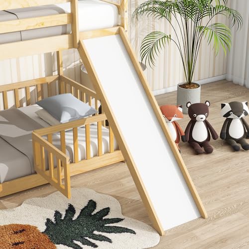 White Twin Over Full Size Pine Wooden Bunk Bed with Slide J22824
