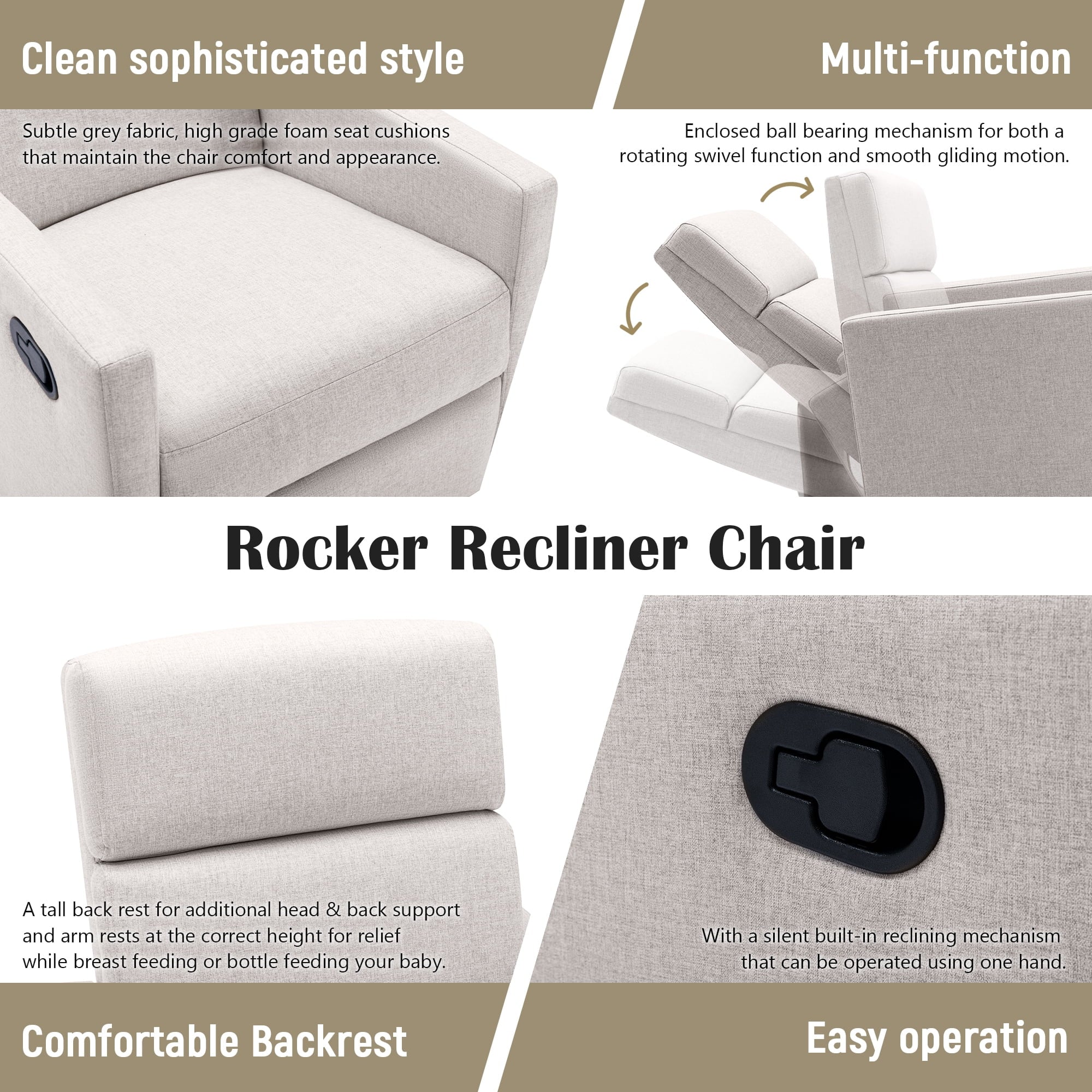 Tan Upholstered Fabric Swivel Rocker Recliner Chair S79977