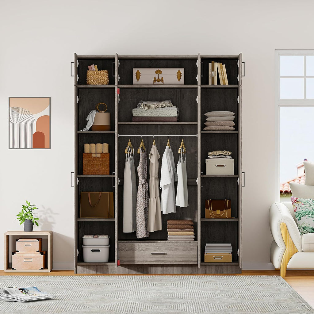 Gray 4-Door 1 Drawer Wood Wardrobe J3015