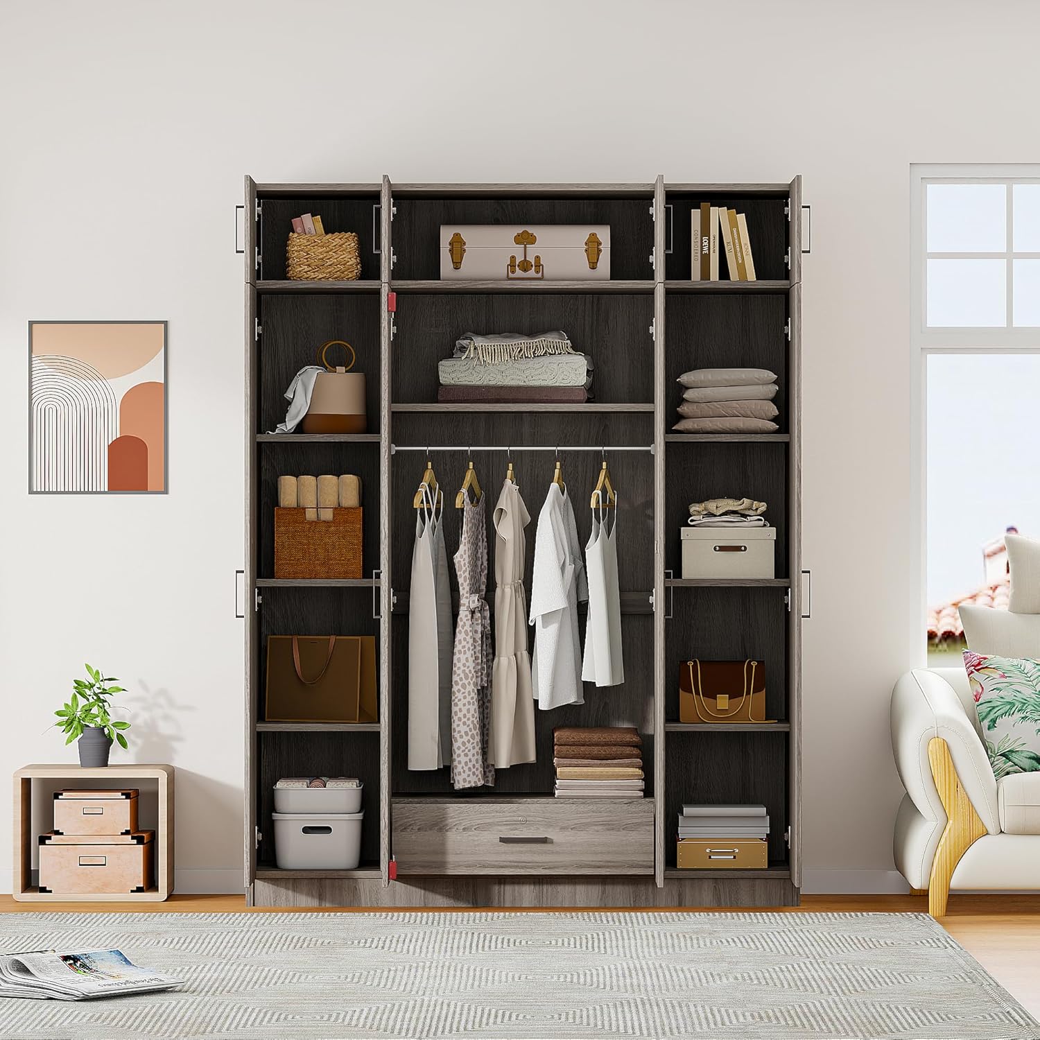 Gray 4-Door 1 Drawer Wood Wardrobe J3015