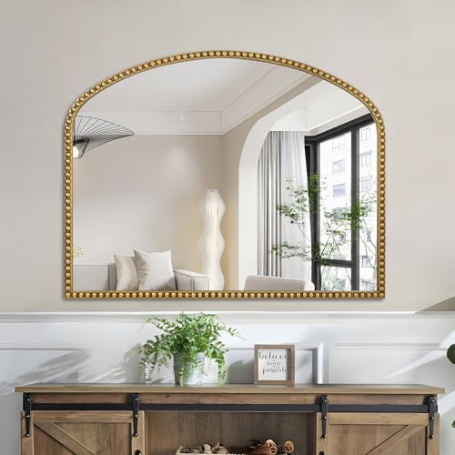 Large Arch Wall Mirror with Beaded Frame, Antique Gold V7254
