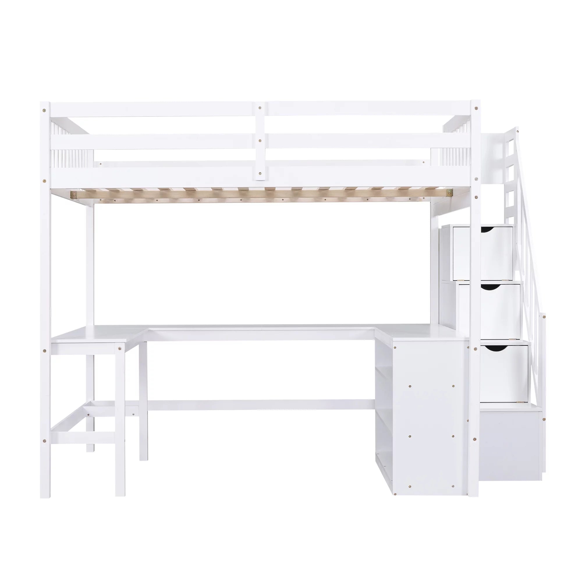 White Wood Full Size Loft Bed with Desk and Storage Staircase L769628