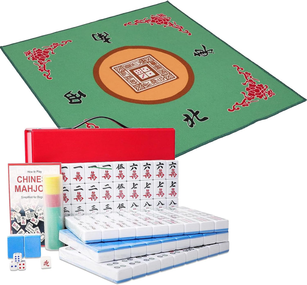 X-Large 1.6" Durable Melamine Mahjong Tiles Blue Mahjong Set with Carrying Case L6010