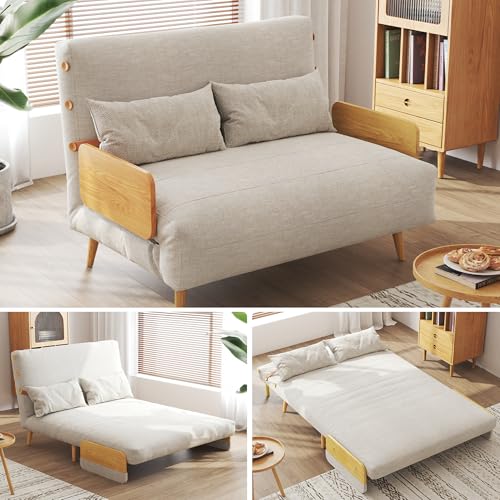 Linen Convertible Chair Bed Sleeper with Wooden Arms Y254714