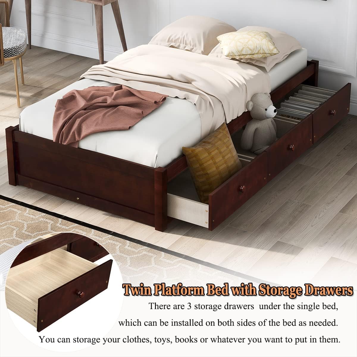 Cherry Wood Platform Bed Frame With 3 Drawers A9963
