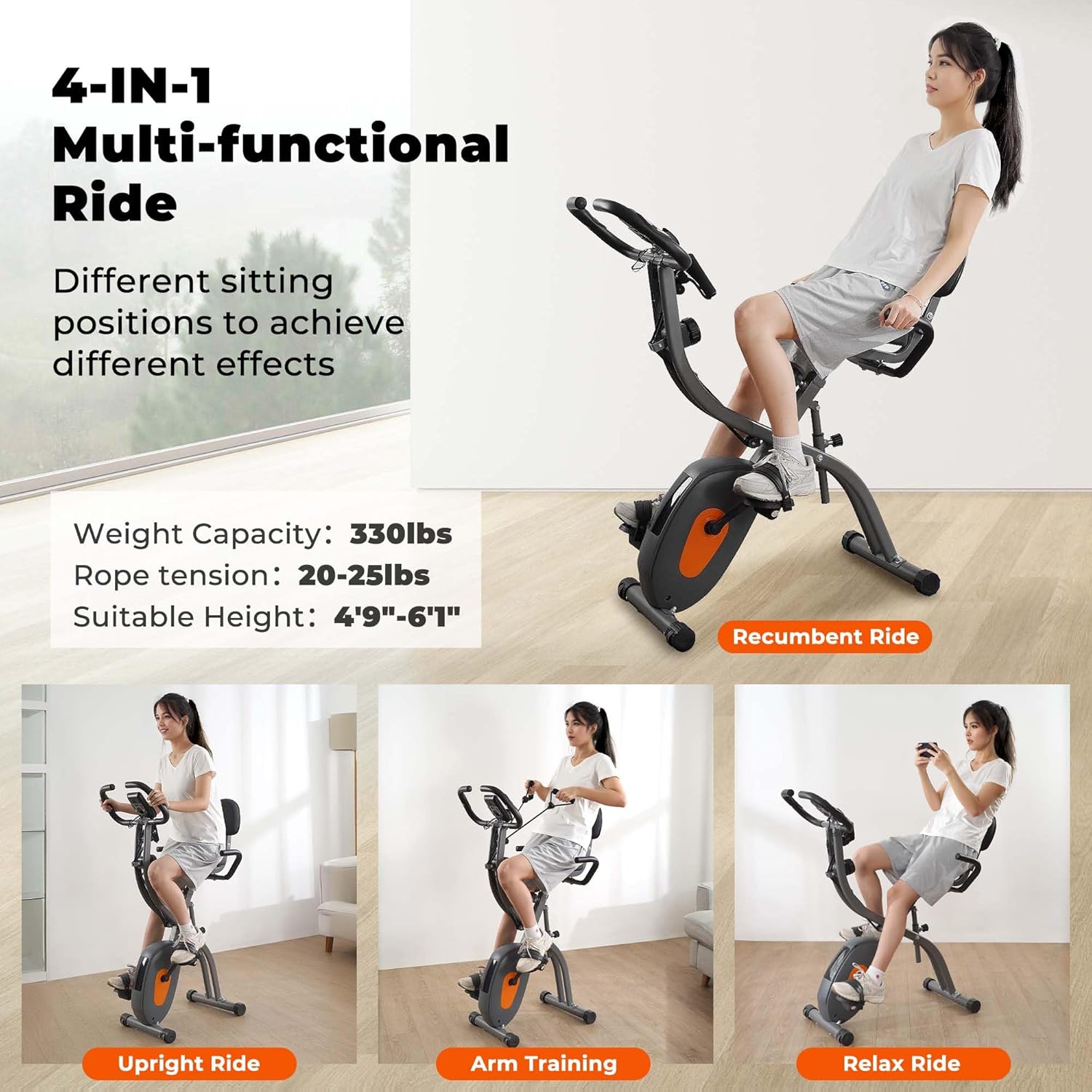 Folding Exercise Bike with Arm Resistance Bands & Pulse Sensor LCD Monitor K4876
