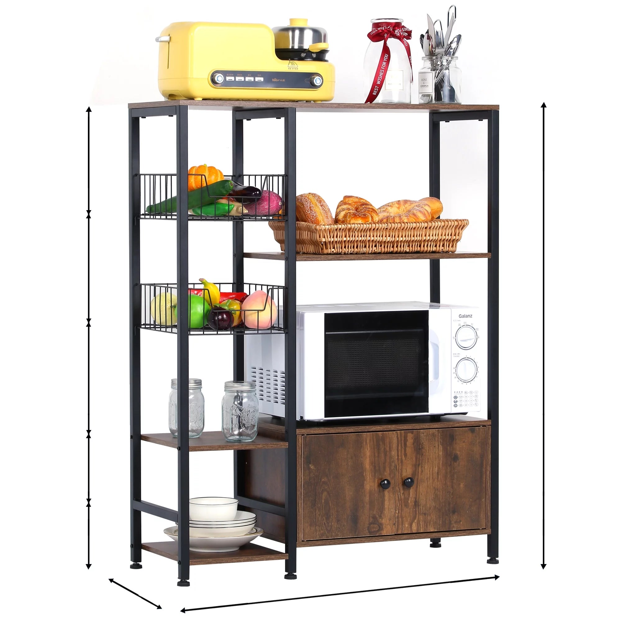 5-Tier Wood Brown Kitchen Bakers Rack with Cabinet R71854