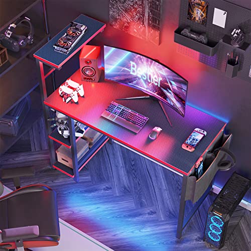 Black Carbon Fiber Gaming Desk with LED Lights and 4 Tiers Reversible Shelves Y71611