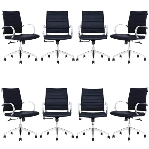Black Ribbed Mid Back Conference Room Chairs with 360 Swivel Rolling Wheels (Pack of 8) I585
