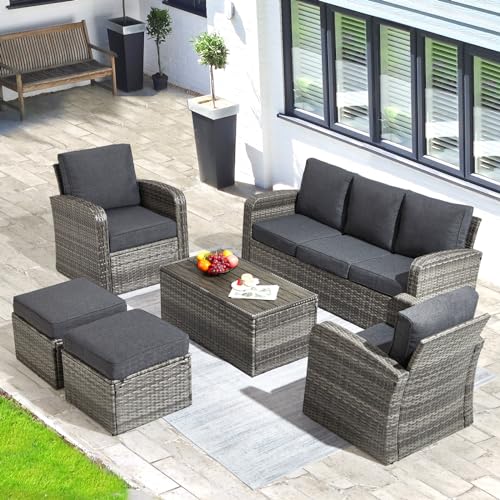 6 Pieces Patio Furniture Sets with Cushions and Coffee Table, Brown Wicker Outdoor Sectional Sofa D291