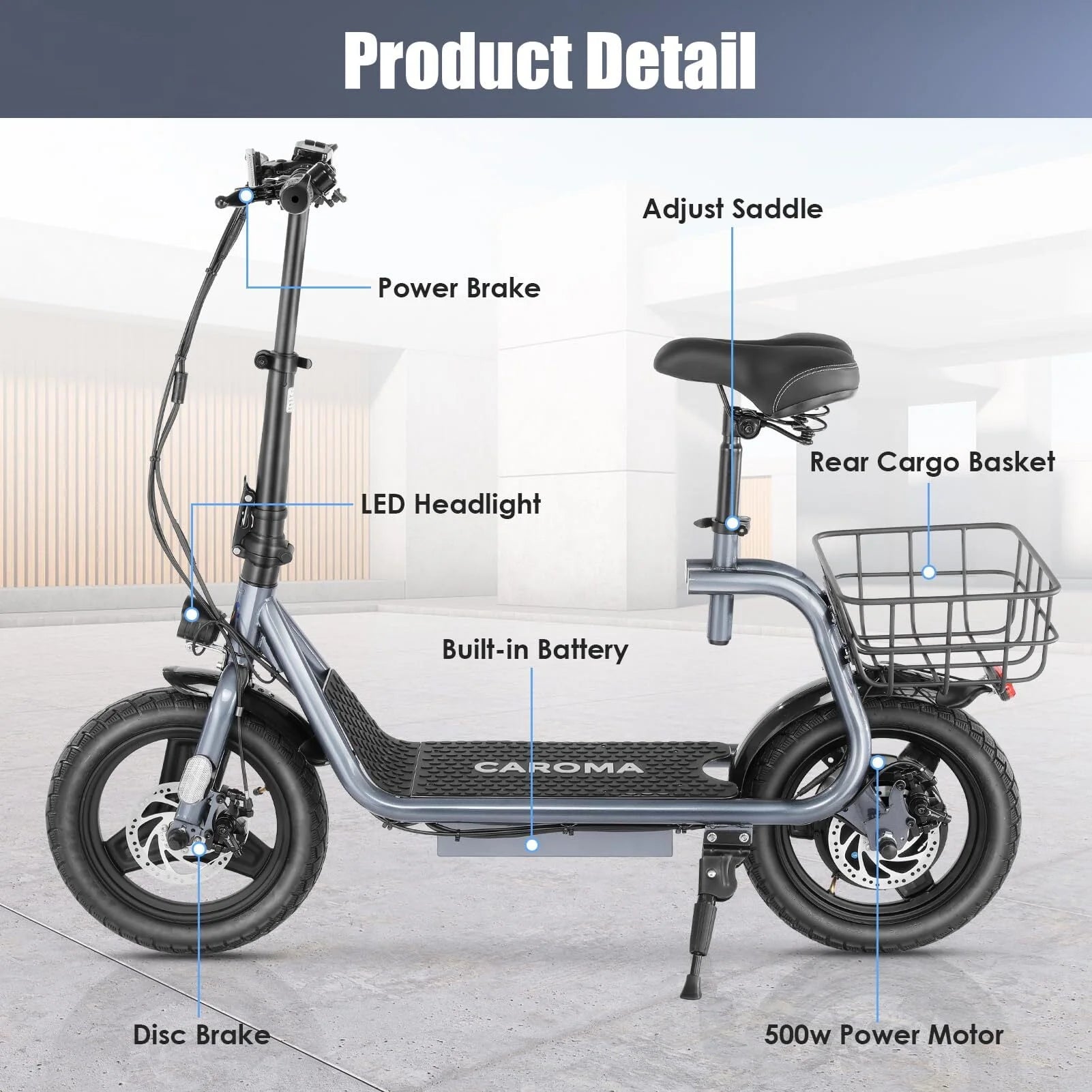 Silver Electric Scooter with Seat, 14 inch, 500W, 25 Miles 20 MPH C2524