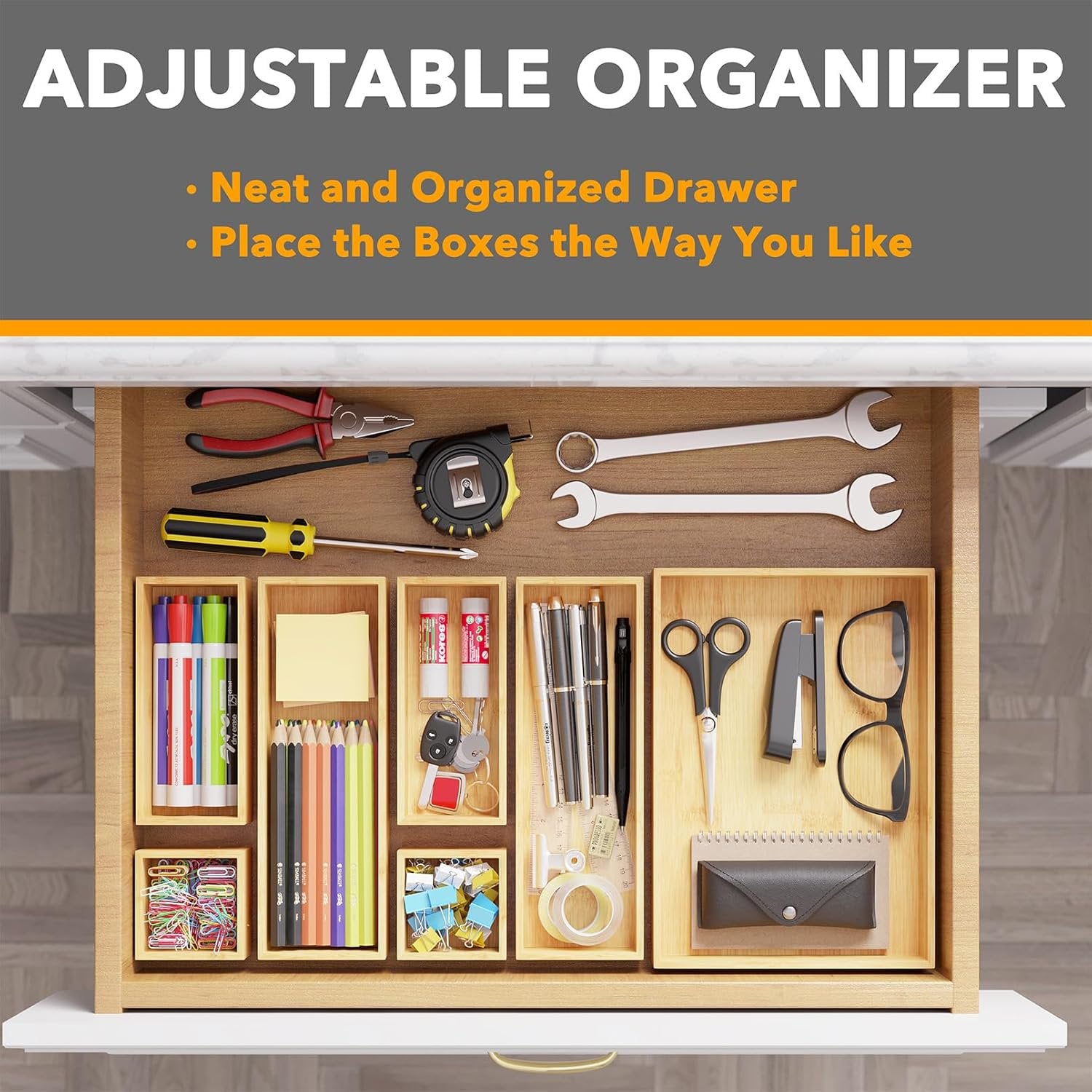 7-Piece Bamboo Drawer Organizer Storage Boxes Set O46858