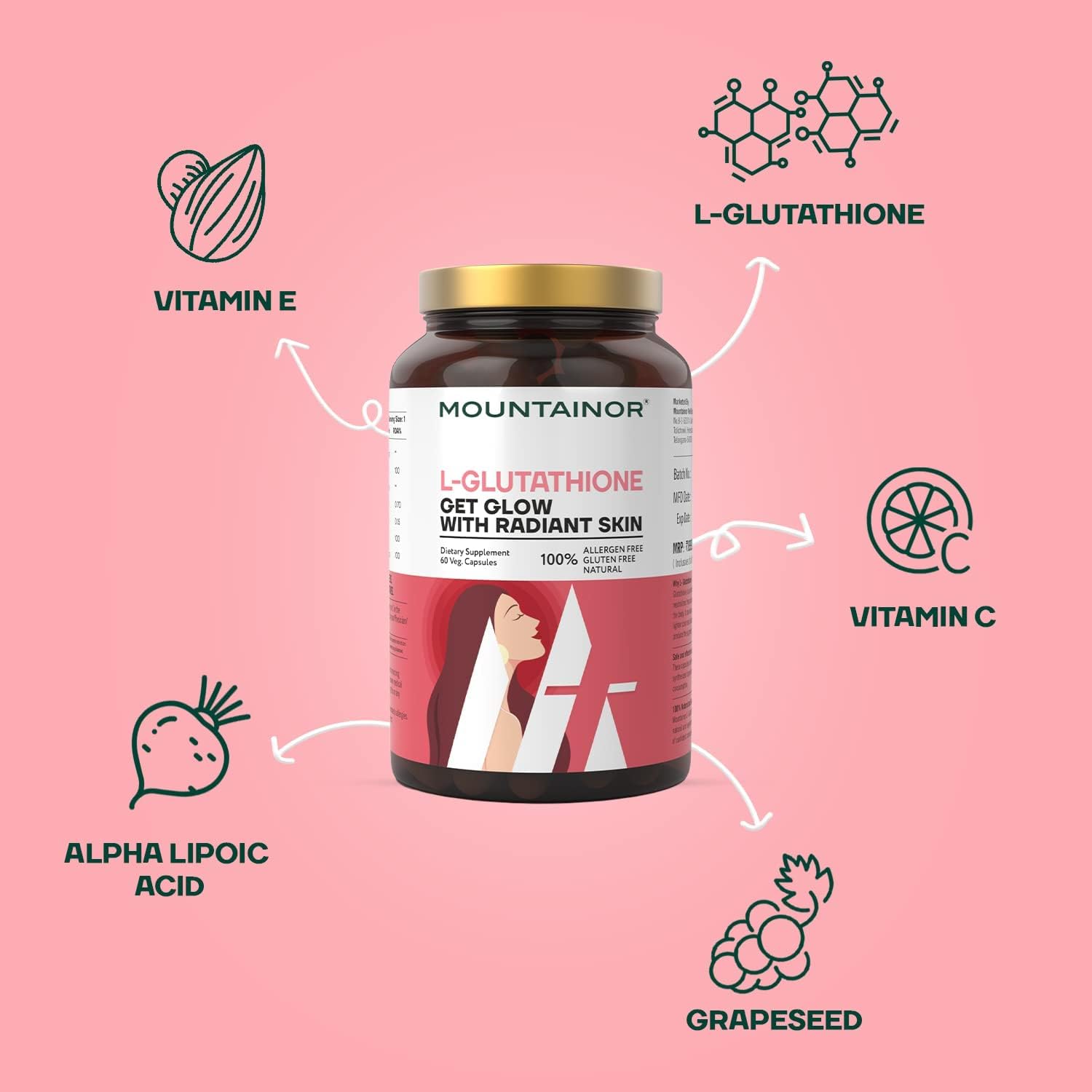 L Glutathione 1000mg 60 Veg Caps with Vitamin C, Biotin K39007