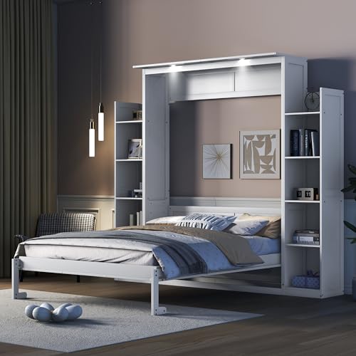 White Queen Size Wood Murphy Bed with Shelves and LED Lights A2940