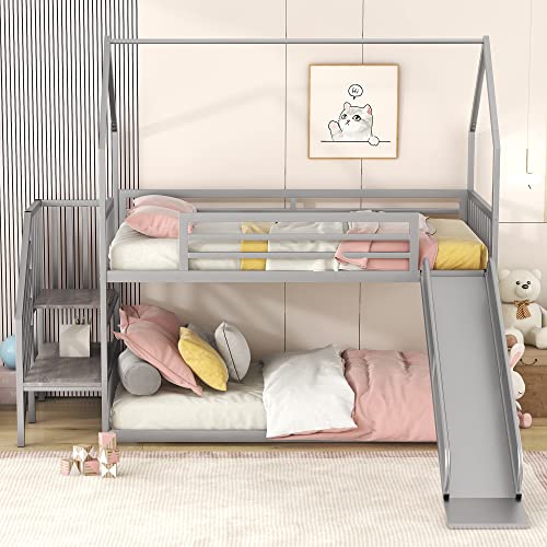 Black Twin Over Twin Metal Bunk Bed with Slide and Storage Staircase A5648