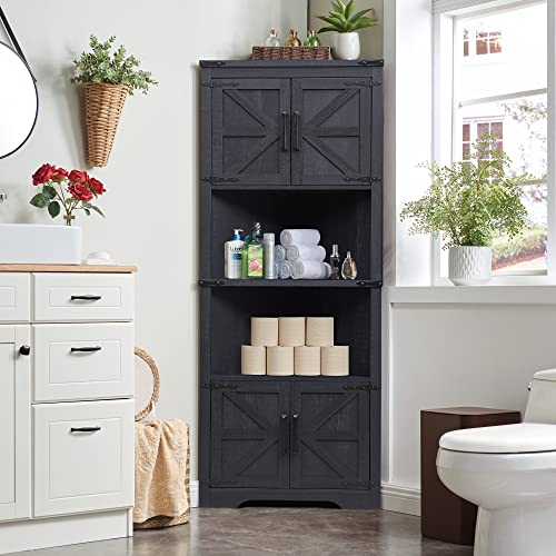 Black Tall Corner Storage Cabinet with Barn Door Design & Adjustable Shelves E73946